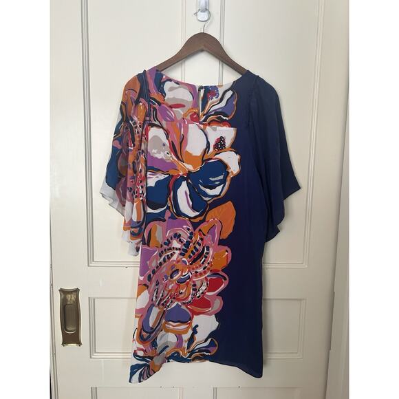 Maeve Silk Floral Chiffon Shift Dress Womens Size Large Blue Pink Art Party - Picture 2 of 7